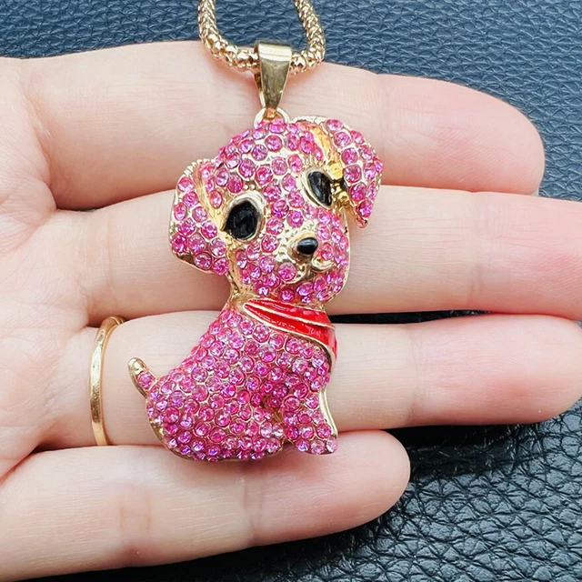 Betsey Johnson Crystal Rhinestone Enamel Cute Puppy Dog Pendant Necklace Chain
