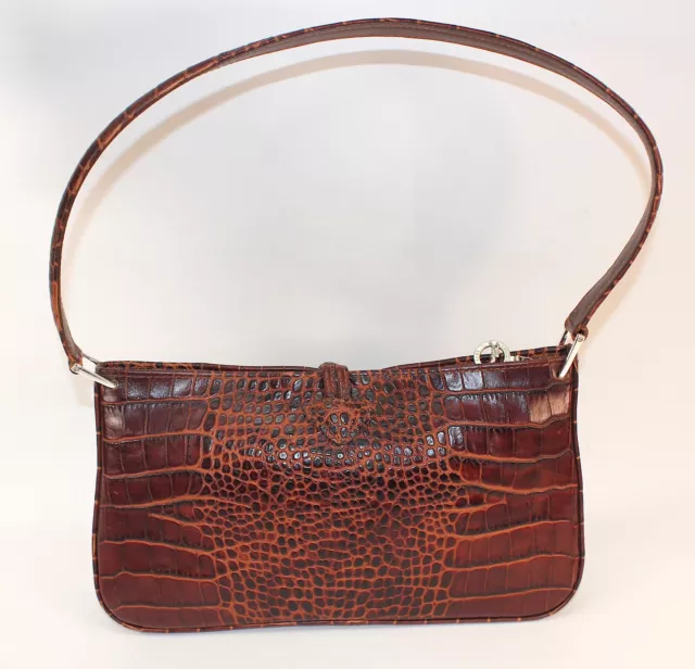 Longchamp Roseau Brown Crocodile Embossed Leather Bamboo Clasp Shoulder Bag 3