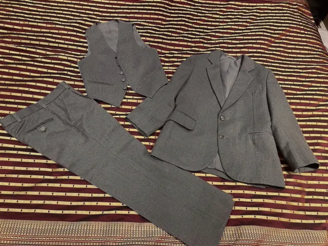 Boys Grey Striped 3 Piece Suit Age 5-6 Years Jacket Trousers Waistcoat Once Worn