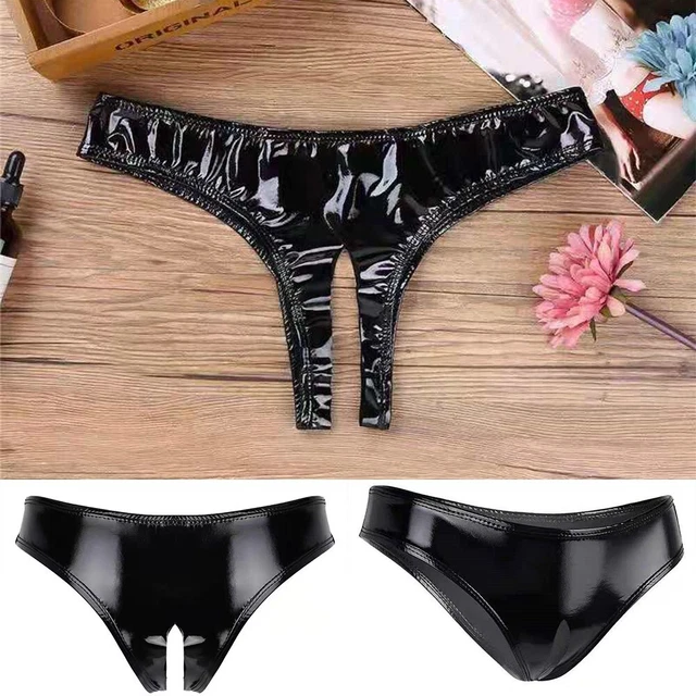 Slip slip donna look bagnato PVC cavallo aperto slip sexy senza uncinetto costum