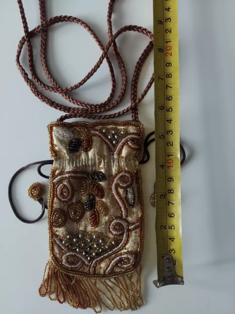 Vintage gold and brown beaded crossbody mini bag pouch purse