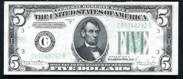 Fr. 1960-C 1934-D $5 Frn Federal Reserve Note Philadelphia, Pa Gem Unc