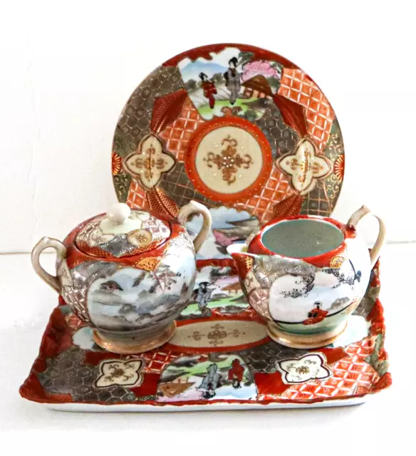 VINTAGE JAPANESE SIGNED SATSUMA 5 PC TEA SET - Teapot, Sugar, Creamer & More