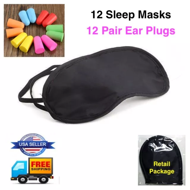 Travel Eye Mask Sleep Soft Shade Cover Rest Relax Blindfold 12 LOT Earplugs LOT