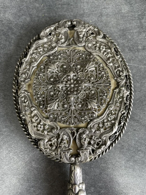 Ancien Miroir Face Main Argent ? Ciselé Louis XVI Scène Galante Biseauté Superbe