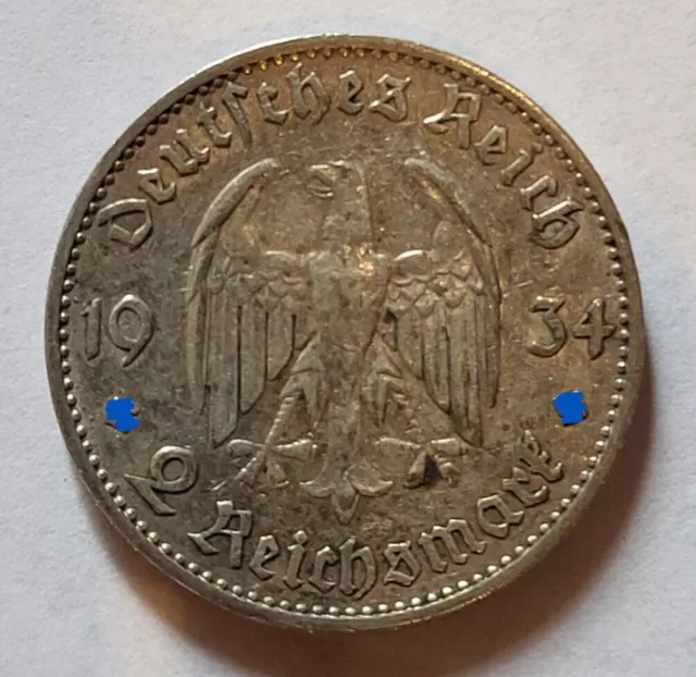 2 Reichsmark 1934 F (Stuttgart), Garnisonkirche, Drittes Reich, Silber