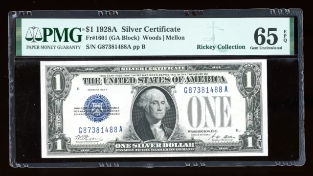 DBR 1928-A $1 Silver Funnyback Gem Fr. 1601 GA Block PMG 65 EPQ Ser # G87381488A