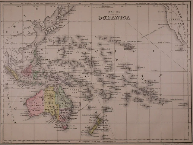 Old Antique 1890 Mitchell's Atlas Map ~ SOUTH PACIFIC, OCEANICA ~ Free S&H