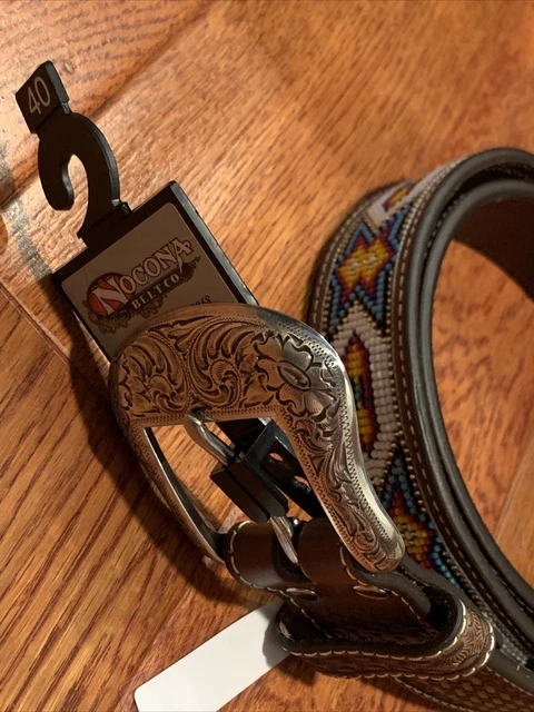 Nocona Western Mens Belt Leather Beaded Inlay Weave Tooled Brown