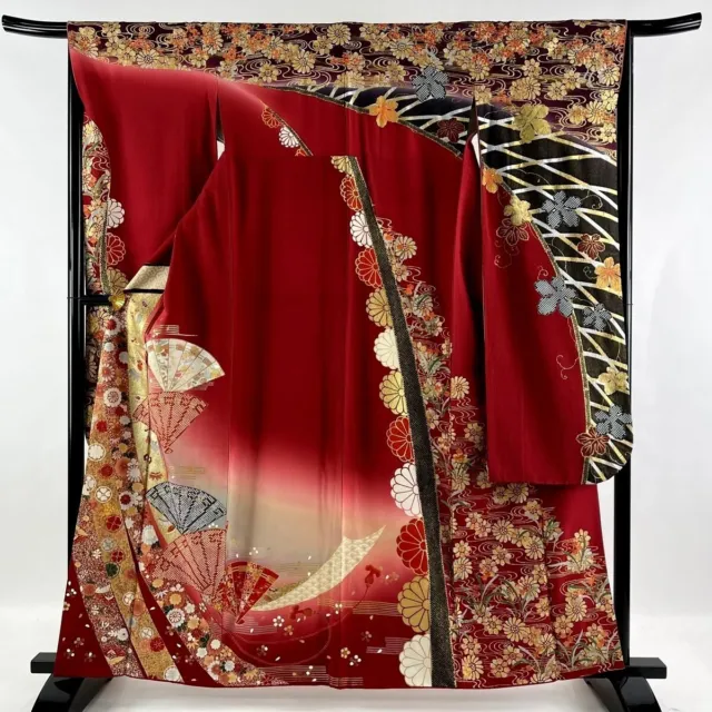 Japanese kimono SILK"FURISODE" long sleeves,KIKU 菊,Gold/Silver leaves,5' 4".3333 3