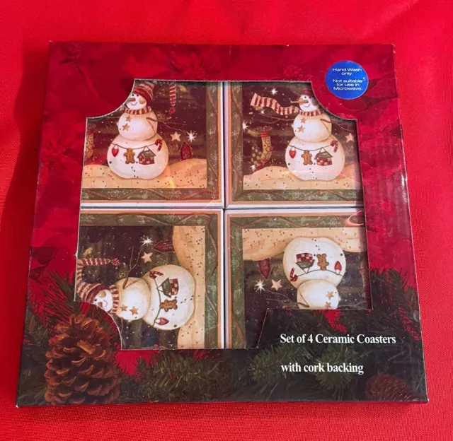 Set Of 4 Christmas Snowman Frosty Ceramic Coaster Mug Cup Red White Green BNIB