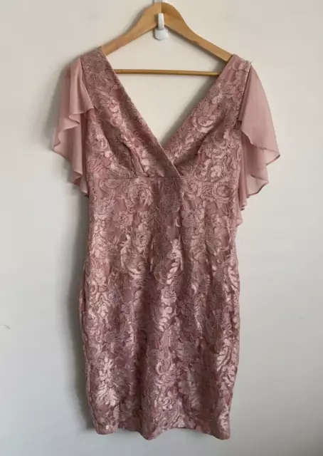 Marina Dress Womens Size 8 Pink Lace Flutter Sleeve V-Neck Zip Stretch Lined