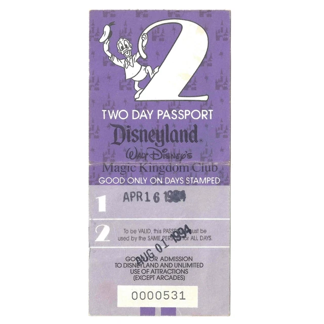 DISNEYLAND 1994 2DAY Passport Ticket Stub Vintage Donald Duck Purple
