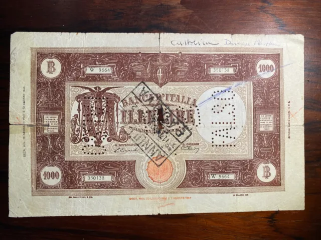 1000 Lire Falso D’epoca Banconota Timbri Banca D’italia