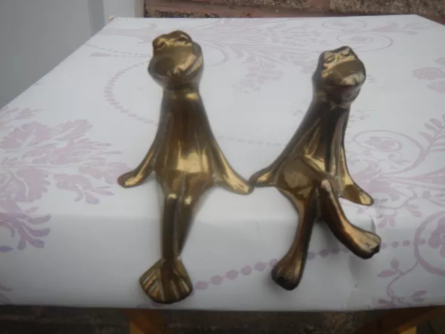 Vintage Set Of Two Shelf Sitting Brass Frogs