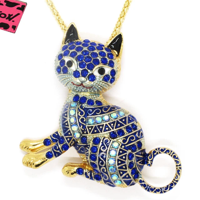 New Blue Enamel Exquisite Cat Crystal Betsey Johnson Pendant Sweater Necklace
