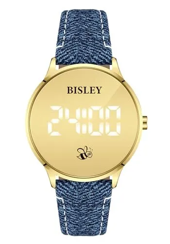 Women's Digital Watch LED Display Gold Watch Blue Denim Wrist Watch Large Fac...