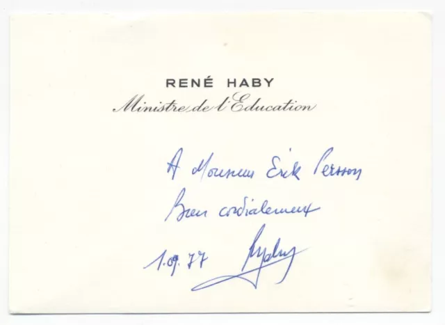 French Politician Minister of Education RENÉ HABY Hand Signed Card from 1977
