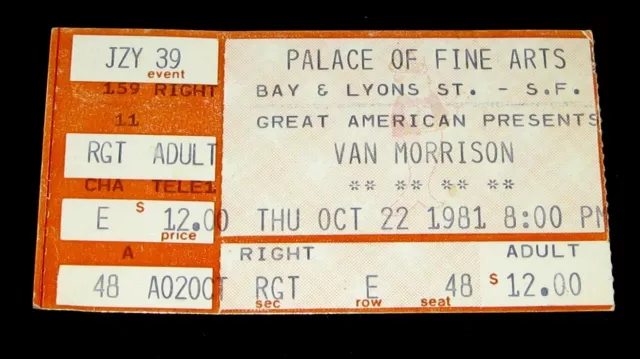 Van Morrison 1981 Original Concert Ticket Stub * San Francisco
