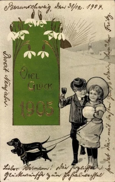 Präge Litho Glückwunsch Neujahr, Jahreszahl 1906, Kinder, Dackel,... - 10919493