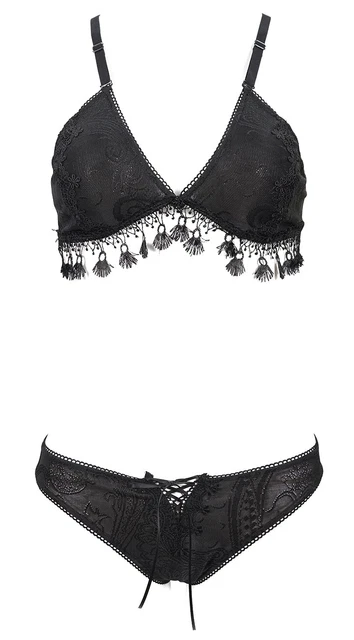 Lingerie noire 2pcs, laçage et broderie pompon, élégant goth devil  Devil Fashio