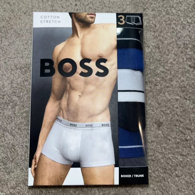 NIB Hugo Boss THREE-PACK OF COTTON BOXER BRIEFS in Black/Gray/Blue Size L $42