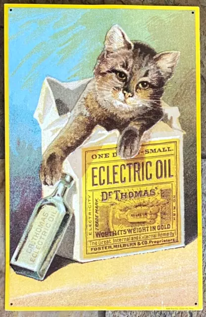 Vtg Embossed Metal Tin Sign - Dr Thomas Electric Oil - Cat, Medicine Bottle