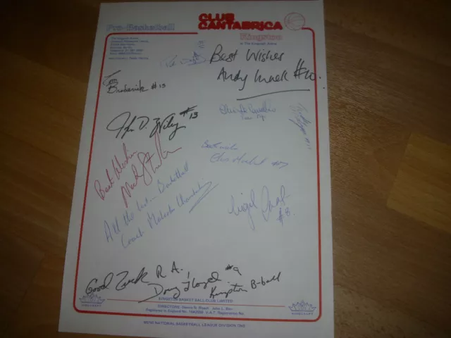 KINGSTON  Club Cantabrica  Basketball Original Hand SIGNED A4 Letter Head Page