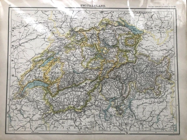 Antique Map Switzerland Swiss Alps Old 19th Century Europe EU Colour Original CH