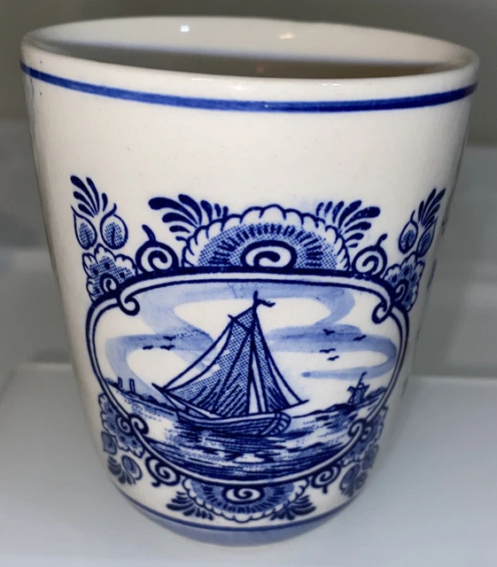 DELFT Blue CUP Hand-painted, 3.75"T. Made in Holland. Signed. Windmill Scenes.