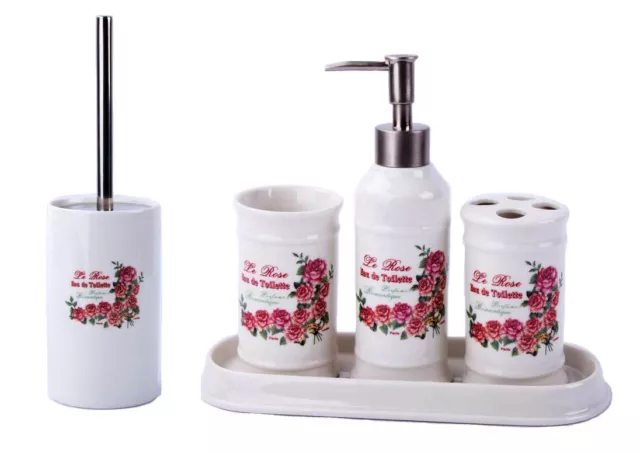 Keramik BADSET BADEZIMMER Landhaus SET SEIFENSPENDER WC BÜRSTE Rosen