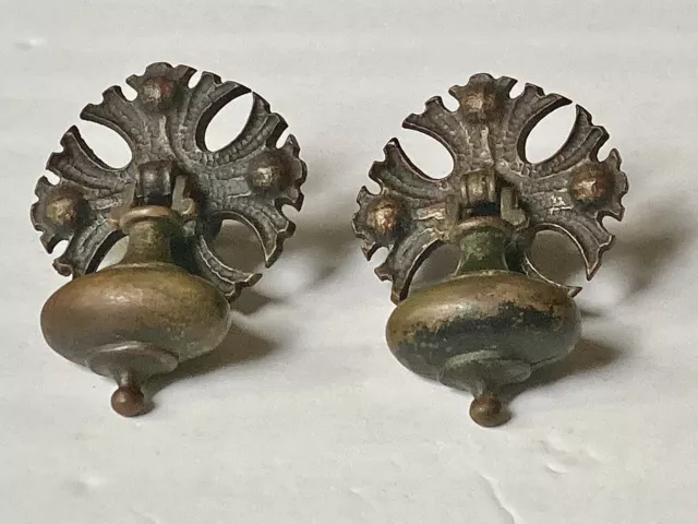 2 Victorian Era Brass Tear Drop Drawer/Door Pulls with unique screw backplates