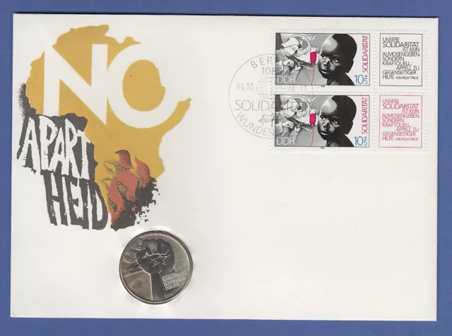 Numisbrief Anti-Apartheid mit 5 Mark DDR-Münze 1978 und Briefmarken DDR 1988