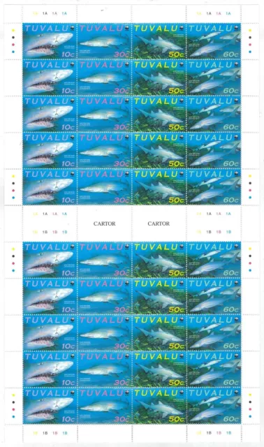 Tuvalu 2000 WWF Tiger Shark Strip of 4 Stamps in Full Sheet of 10 Sets MUH