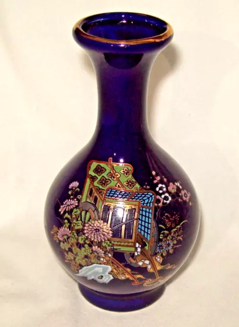Cobalt Blue Japanese 12cm Vase Beautiful Cart & Flowers Motif Original Label