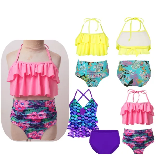 Girls Tankini Halter Swimsuit Bikini Ruffled Tops+Bottom Bathing Suits Swimwear