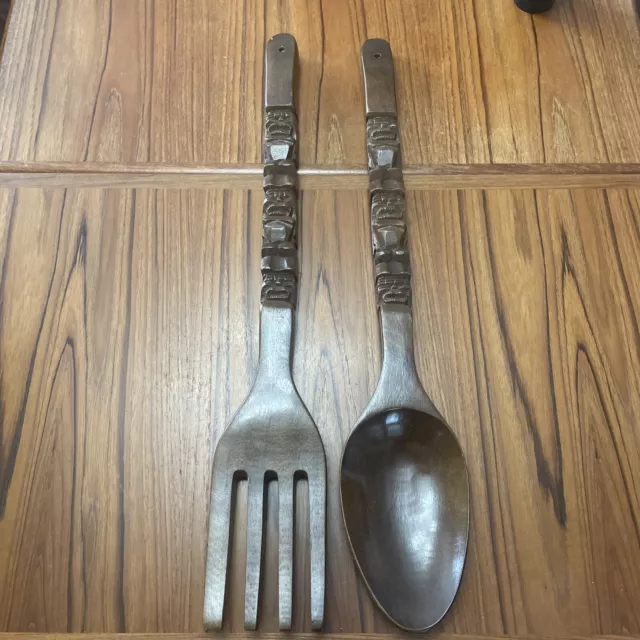 VTG MCM Large Carved Wooden Fork Spoon Giant Silverware Tiki Totem Monkeypod-27"