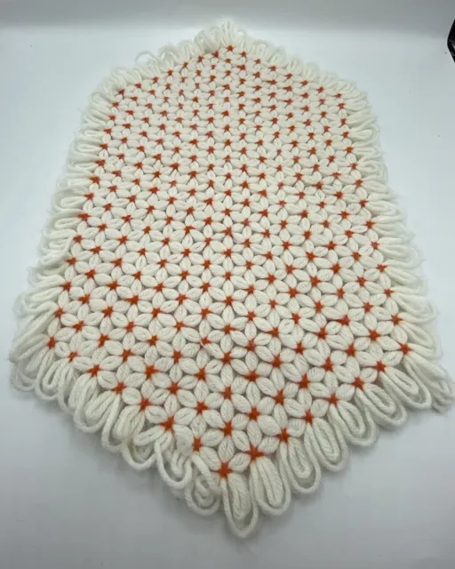 Vintage Yarn Star Trivet Placemat Country Cottagecore Daisy Loom Orange White