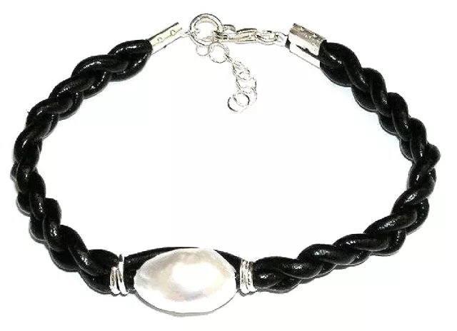 PULSERA PLATA de ley 925 con PERLA Cultivada 11mm y Cuero Negro natural Trenzado