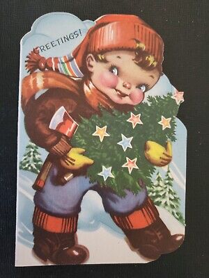 Vtg Christmas Greeting Card Diecut Boy Chop Down Tree Ax Snow Forest GREETINGS