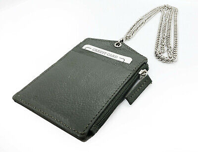 Black Premium Genuine Leather ID Badge Holder Lanyard Metal Chain Zip Wallet 2