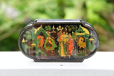 Russian Palekh Black Lacquer 3 Chamber Box Hand Painted by Kovalev USSR 7.5 x 4"