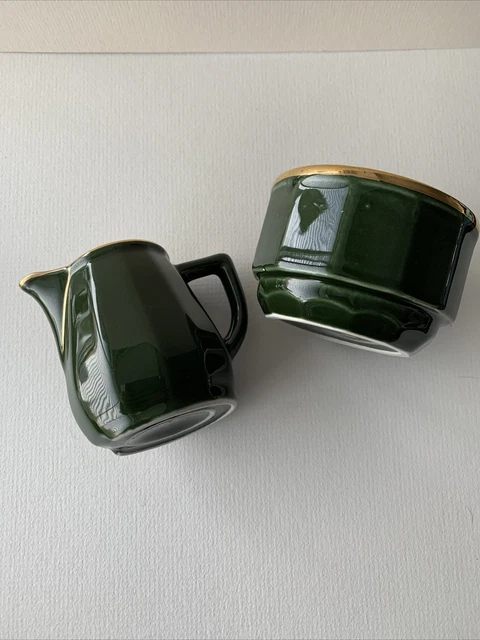 Apilco Bistro Green & Gold Creamer and sugar bowl