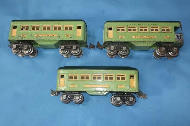 Lionel Pre-war O Gauge #607, #607 & #608 Pullman & Observation Passenger Cars