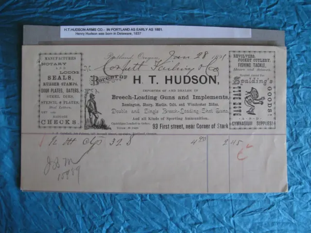1891 Portland Oregon H.T Hudson Billhead Dealer in Guns & Implements-Fishing