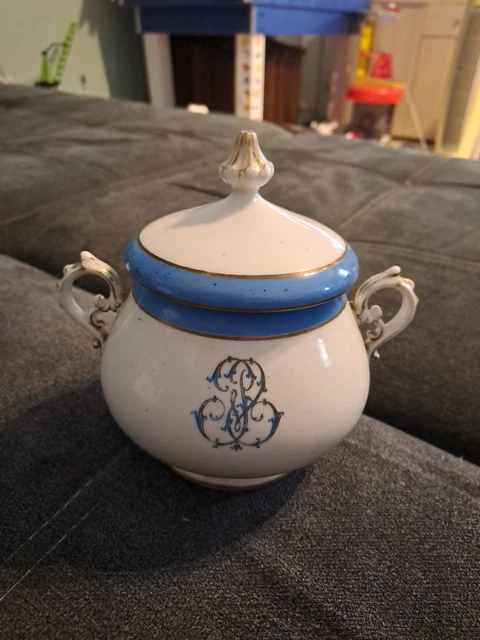 Ancien Sucrier Porcelaine LG Et Cie France – Motif Floral Bleu – Époque Rétro