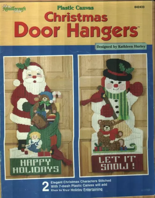 Used Christmas Door Hangers Santa & Snowman Plastic Canvas Pattern Book Htf