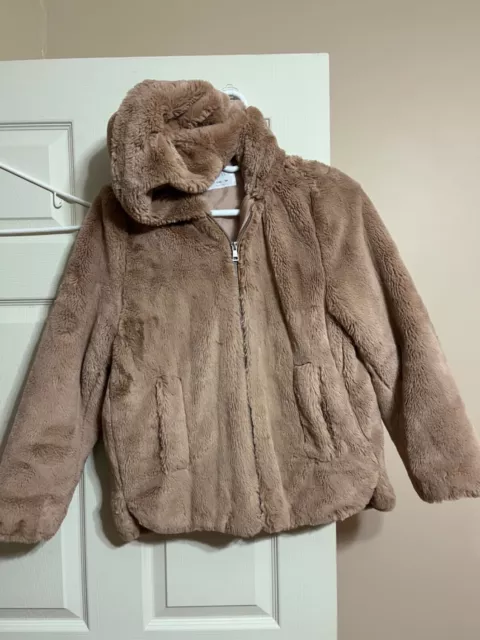 ZARA Faux Fur Coat Girls Fuzzy Hooded Zip Up Pocket Warm Pale Brown Size 13-14