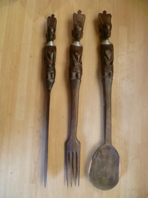 A Vintage, Set Of Three, Tribal African, Hand Carved Hardwood, Salad Servers