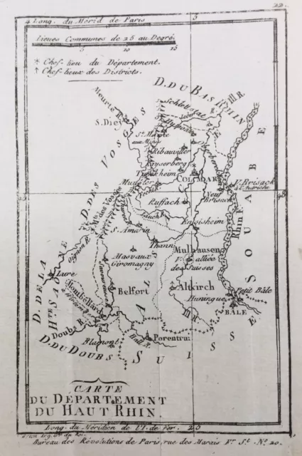 Carte de l’Alsace en 1790 Haut Rhin Mulhouse Belfort Altkirch Bâle Rouffach Dié